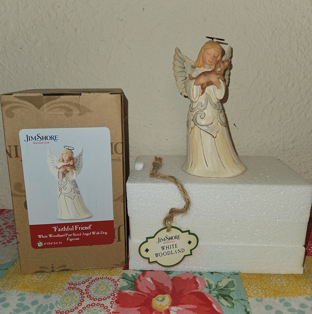 Jim Shore Cream and Tan Angel with Dog Figurine